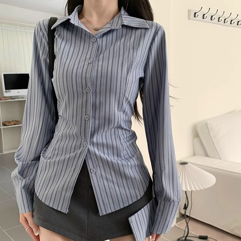 Y2k Striped Shirt Women Long S - Street Fashion Korea 评论和价格