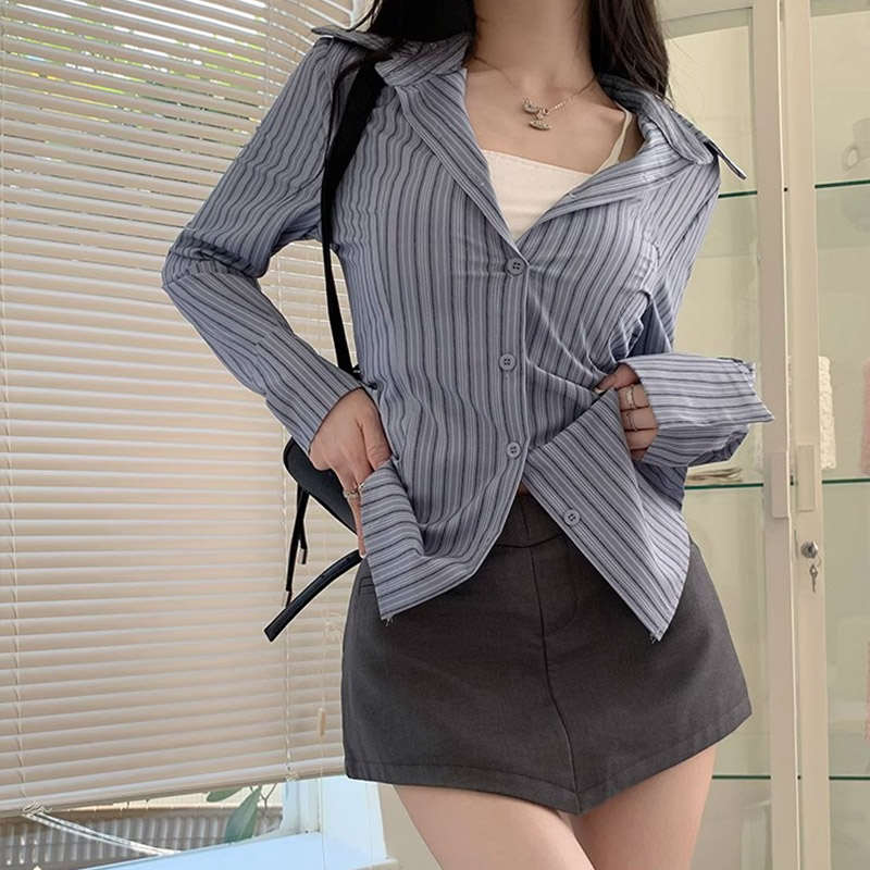 Y2k Striped Shirt Women Long S - Street Fashion Korea 评论和价格