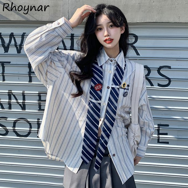 Striped Shirts Women Baggy Pre - Street Fashion Youth 评论和价格